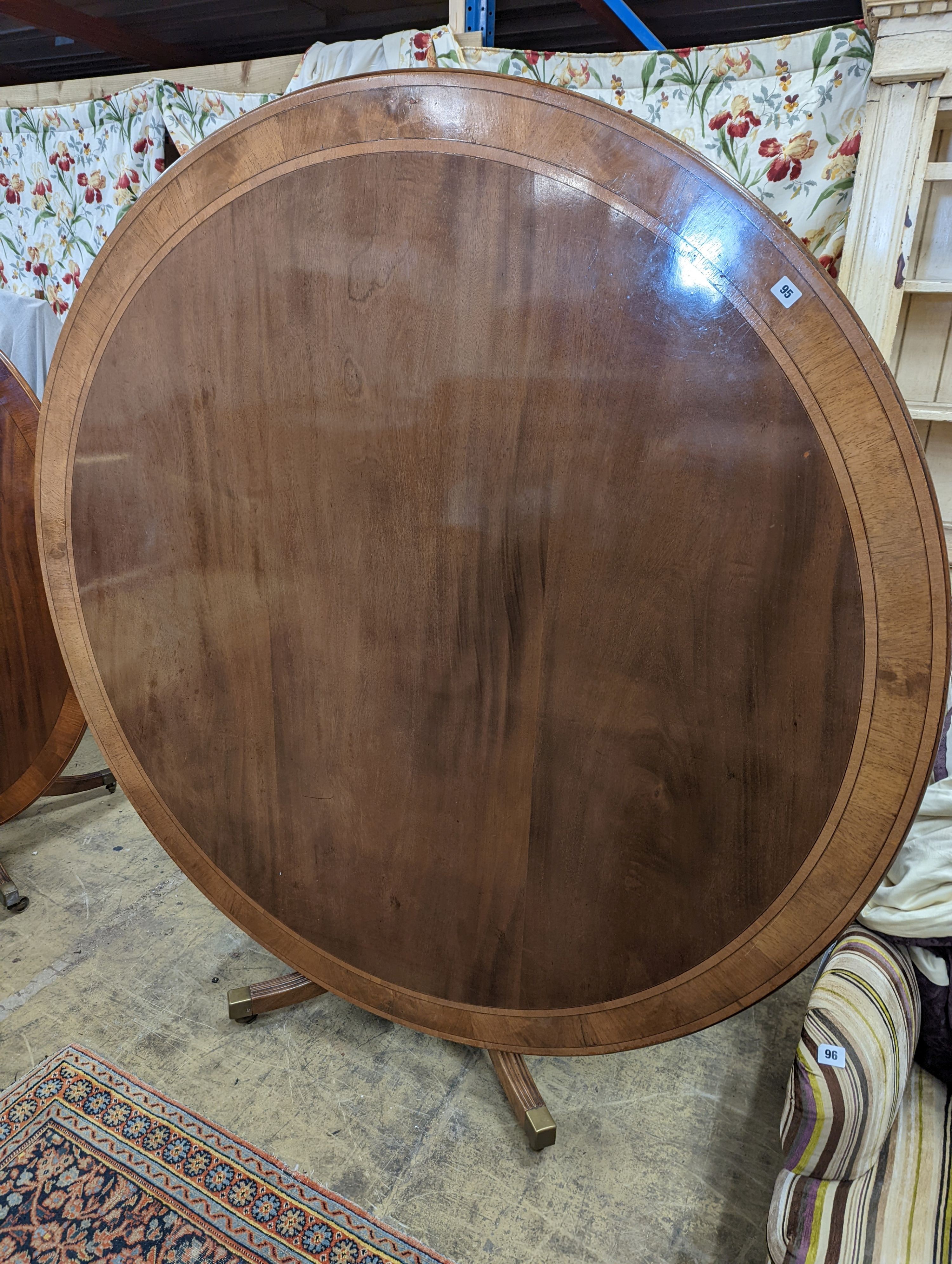 Attributed to William Tillman, a reproduction George III style banded mahogany circular pedestal tilt top dining table, diameter 160cm, height 72cm